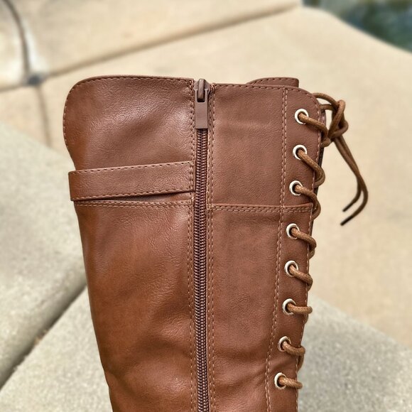 New Tan Lace-Up Military Combat Moto Boots Knee High Low Block Heel Lug Platform - Picture 5 of 6